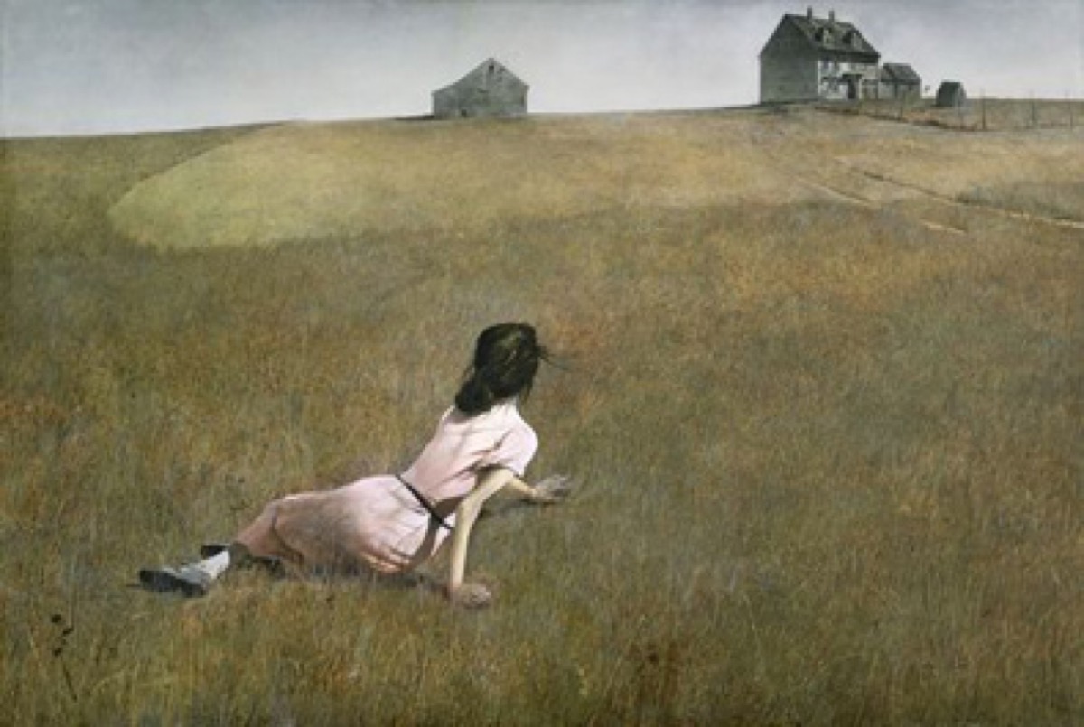 Christina's World by Andrew Wyeth, 1948 - a woman in a pink dress sits on a vast dry field, looking toward a distant gray farmhouse on the horizon - the entire painting saturated with longing and the unattained