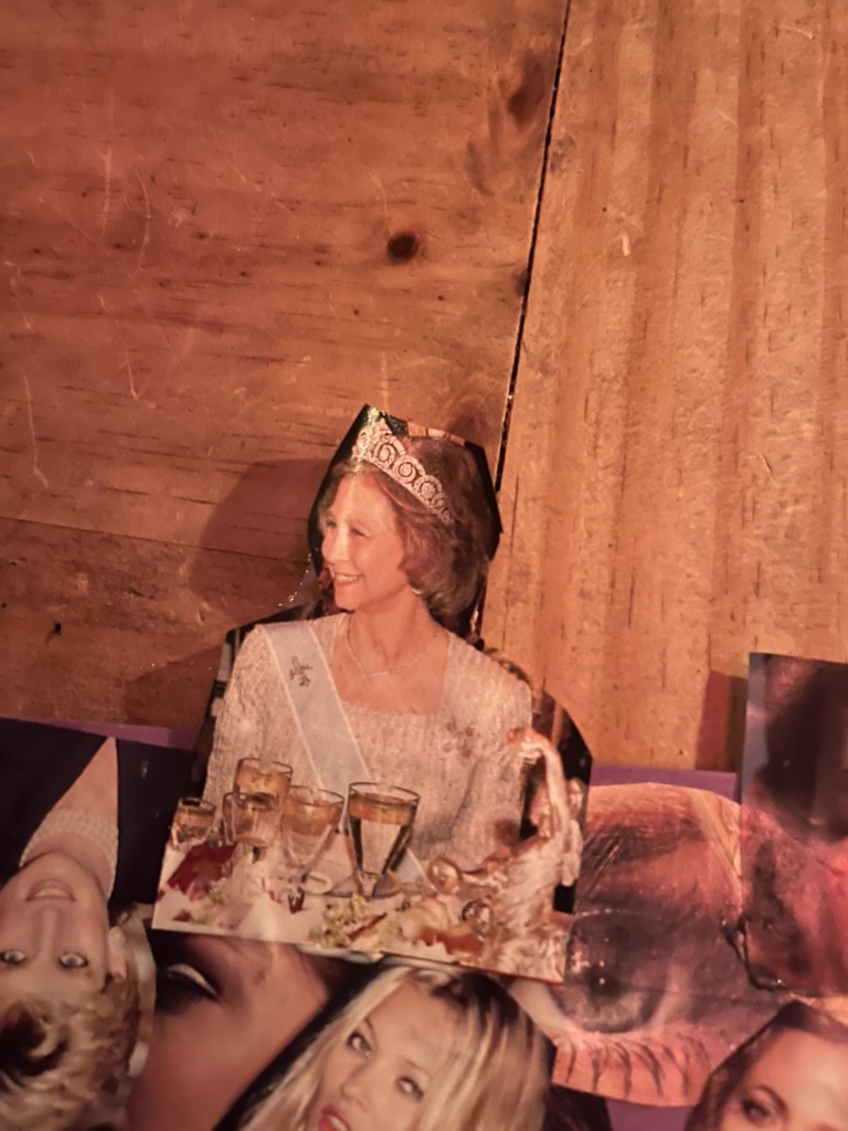Close-up of the elderly woman with a tiara at the top of the collage