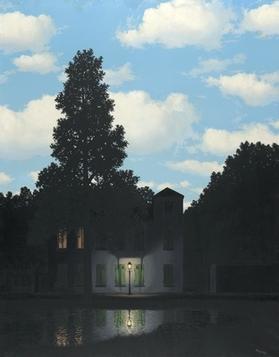 The Empire of Light by Rene Magritte, 1954 - a single street lamp glows below a house at twilight, while the sky above is bright daylight, the surreal coexistence of day and night in one frame